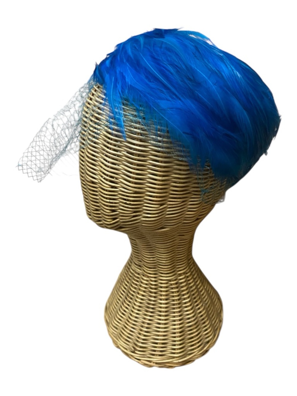 Vintage Womens Elegant Blue Feather Pillbox Hat With Veil Fascinator 60s